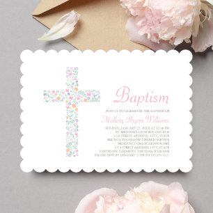 Elegant Pink Floral Cross Baby Girl Baptism Invitation