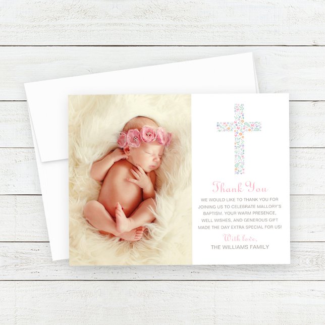 Elegant Pink Floral Cross Baby Girl Baptism Photo Thank You Card (Creator Uploaded)