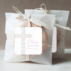 Elegant Pink Floral Cross Baby Girl Baptism Square Sticker
