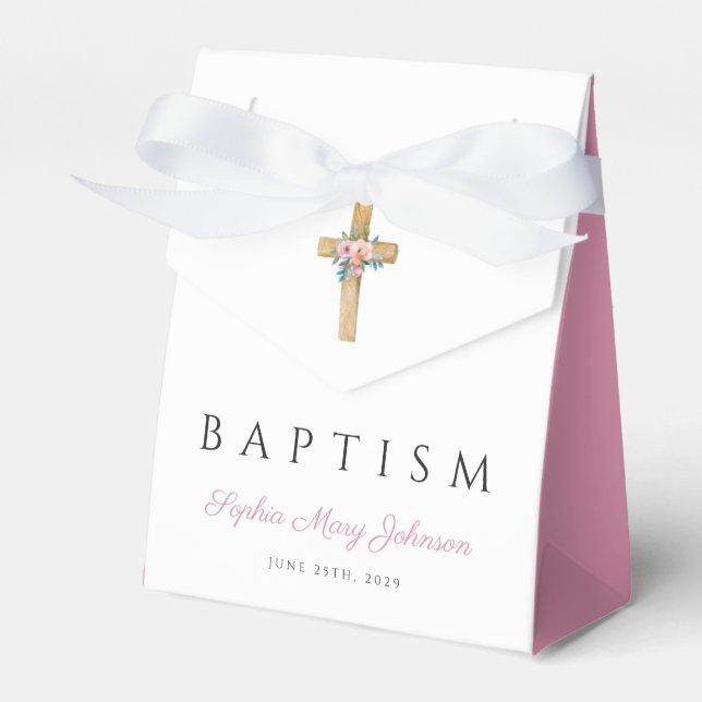 Elegant Pink Floral Cross Baptism  Favour Box (Front Side)