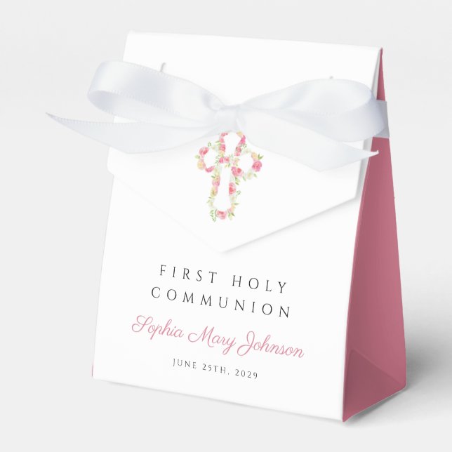 Elegant Pink Floral Cross First Communion  Favour Box (Front Side)