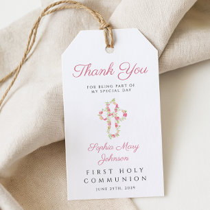 Elegant Pink Floral Cross First Communion Gift Tags