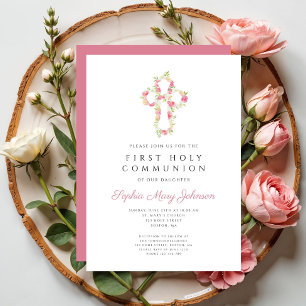 Elegant Pink Floral Cross First Communion   Invitation