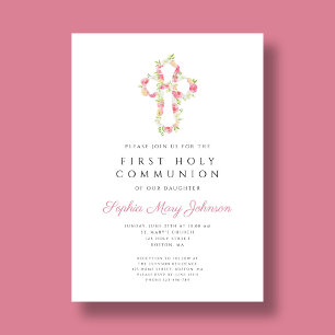 Elegant Pink Floral Cross First Communion   Invitation