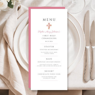 Elegant Pink Floral Cross First Communion Menu