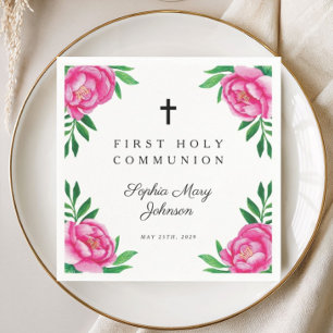 Elegant Pink Floral Cross First Communion Napkin
