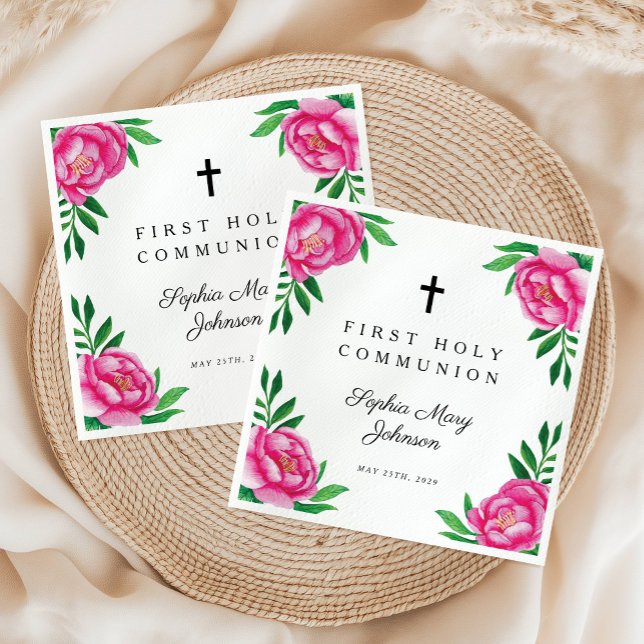 Elegant Pink Floral Cross First Communion  Napkin (Elegant Pink Floral Cross First Communion Napkins)