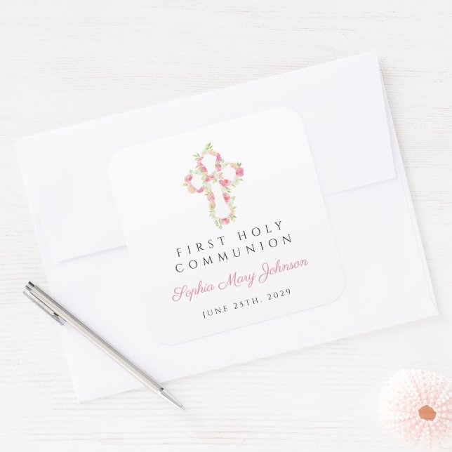 Elegant Pink Floral Cross First Communion Square Sticker (Envelope)
