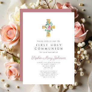 Elegant Pink Floral Cross First Holy Communion Invitation