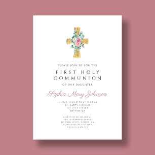 Elegant Pink Floral Cross First Holy Communion Invitation