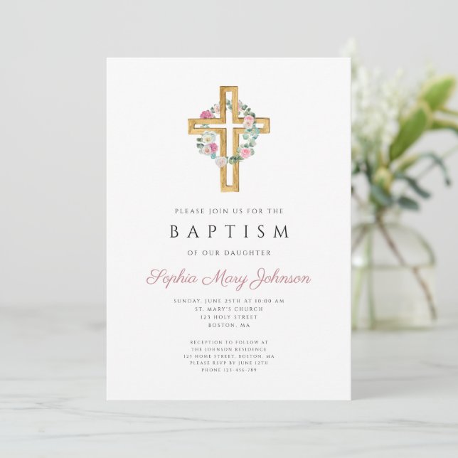 Elegant Pink Floral Cross Floral Baptism Invitation (Standing Front)