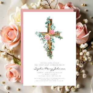 Elegant Pink Floral Cross Girl First Communion Invitation