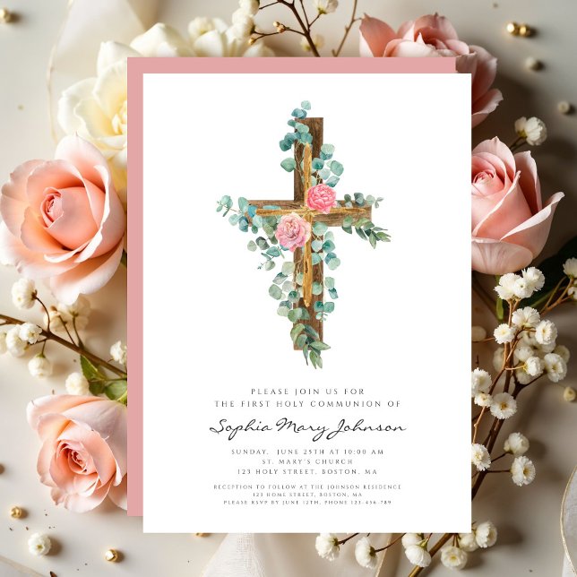 Elegant Pink Floral Cross Girl First Communion Invitation (Elegant Pink Floral Cross Girl First Communion Invitation)