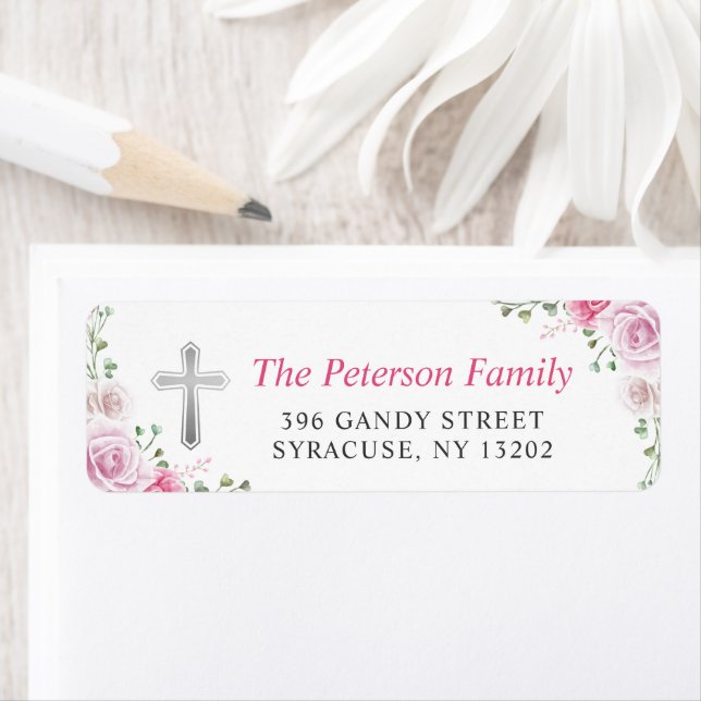 Elegant Pink Floral Cross Religious Return Address (Insitu)