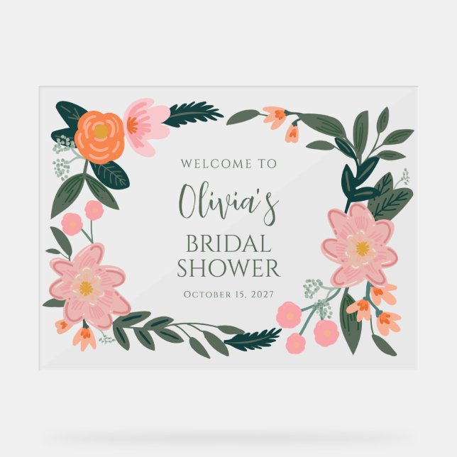 Elegant Pink Floral Custom Bridal Shower Welcome Acrylic Sign (Front)
