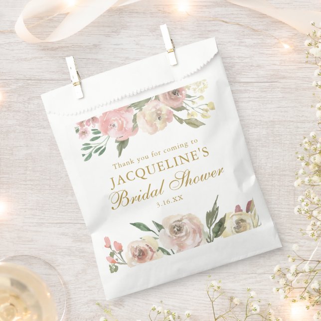 Elegant Pink Floral Custom Gold Bridal Shower Favour Bags (Clipped)