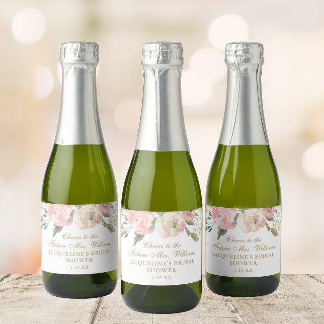 Elegant Pink Floral Custom Gold Bridal Shower Mini Sparkling Wine Label (Creator Uploaded)