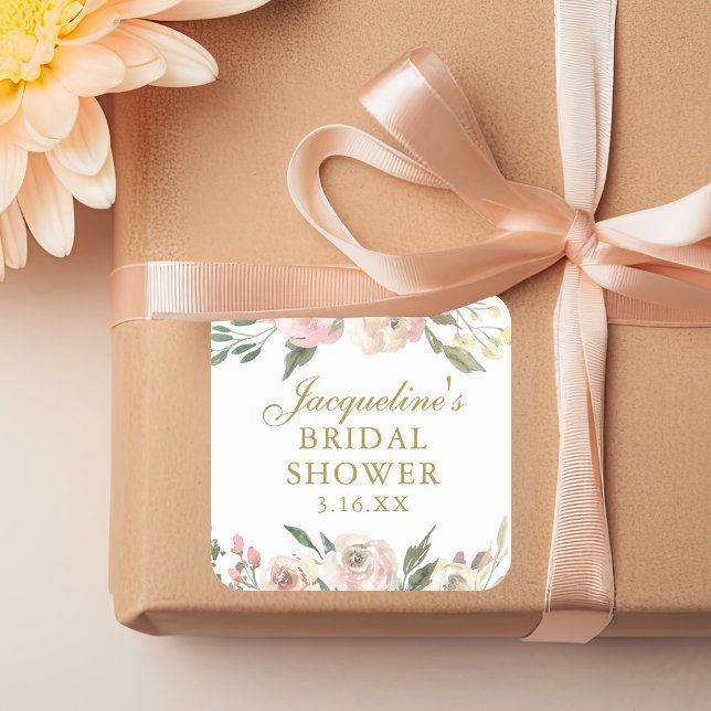 Elegant Pink Floral Custom Gold Bridal Shower Square Sticker (Creator Uploaded)