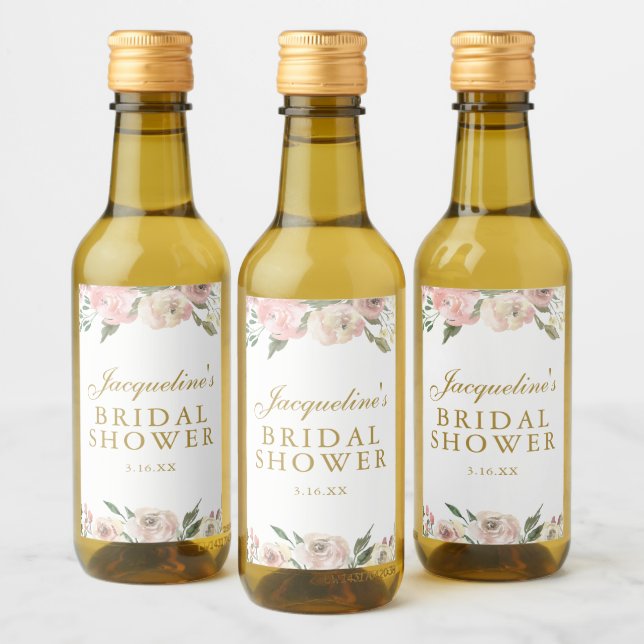 Elegant Pink Floral Custom Gold Bridal Shower Wine Label (Bottles)