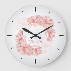 Elegant Pink Floral Custom Name Wall Clock