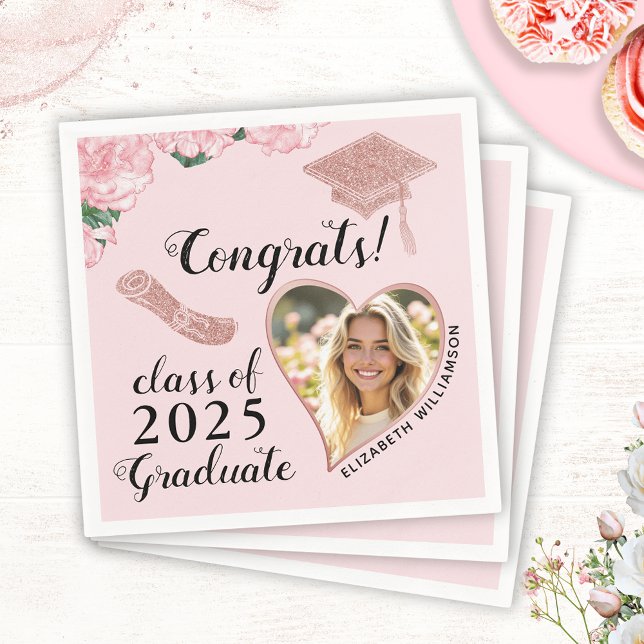 Elegant Pink Floral Custom Photo Graduation Napkin (Creator Uploaded)