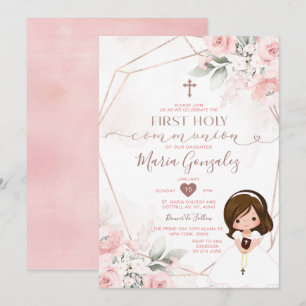 Elegant Pink Floral Cute Girl First Holy Communion Invitation