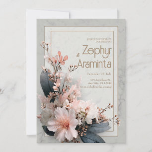 Elegant Pink Floral Dark Leaf Marble Wedding Invitation