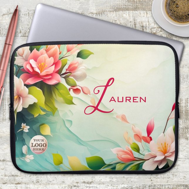Elegant Pink Floral Design Laptop Sleeve (Laptop sleeve featuring a painting of elegant pink flowers on a dreamy ocean like background)