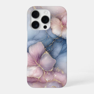 Elegant Pink Floral Design with Blue Marble Effect iPhone 16 Pro Case