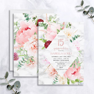 Elegant Pink Floral Diamond Script Quinceañera Invitation