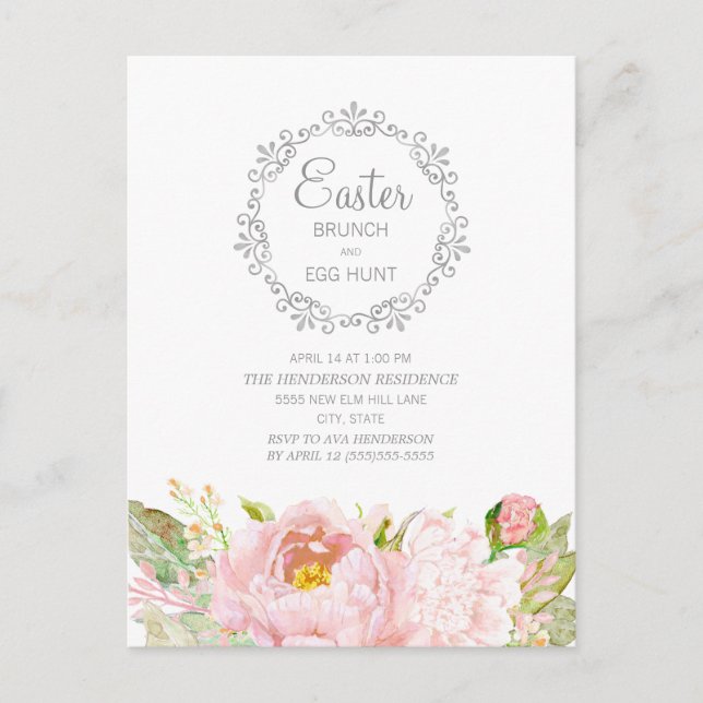 Elegant Pink Floral Easter Brunch Egg Hunt Postcard (Front)
