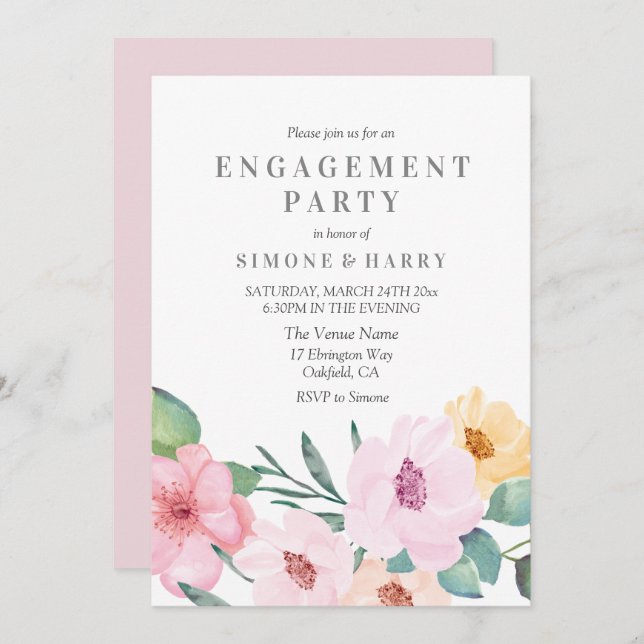 Elegant Pink Floral Engagement Party Invitation (Front/Back)