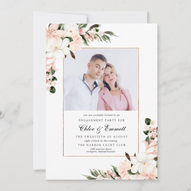 Elegant Pink Floral Engagement Party Photo Invitation (Front)