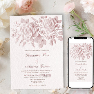 Elegant Pink Floral Faux Embossed Wedding Invitation