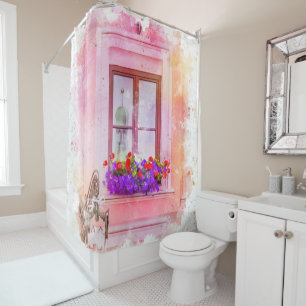Elegant Pink Floral Fine Art Watercolor Window Box Shower Curtain