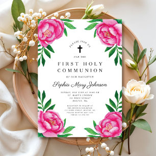 Elegant Pink Floral First Communion Invitation