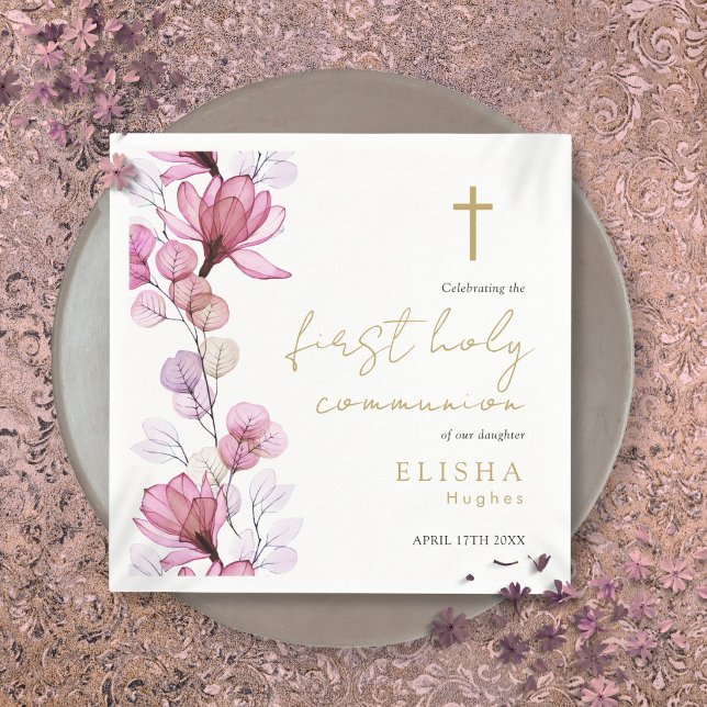 Elegant Pink Floral First Holy Communion Napkin (Elegant Pink Floral First Holy Communion Napkins)
