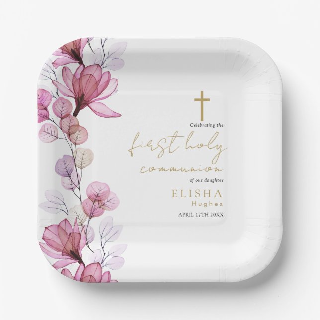 Elegant Pink Floral First Holy Communion Paper Plate (Front)