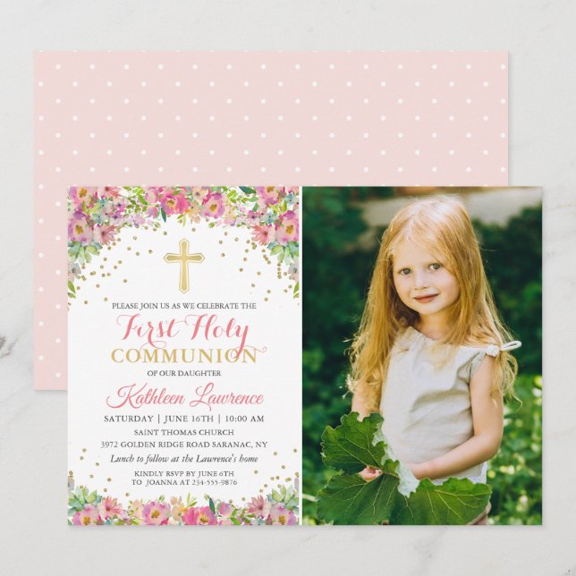 Elegant Pink Floral First Holy Communion Photo Invitation (Front/Back)