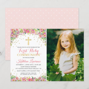 Elegant Pink Floral First Holy Communion Photo Invitation