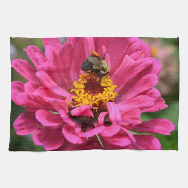 Elegant pink floral flower mum daisy honeybee tea towel (Horizontal)