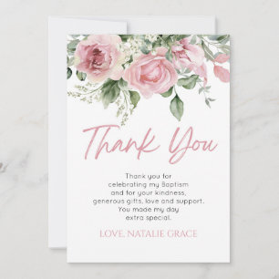 Elegant Pink Floral Flowers Green Leaves Baptism Thank You Card
