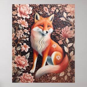 Elegant Pink Floral Fox William Morris Inspired Poster
