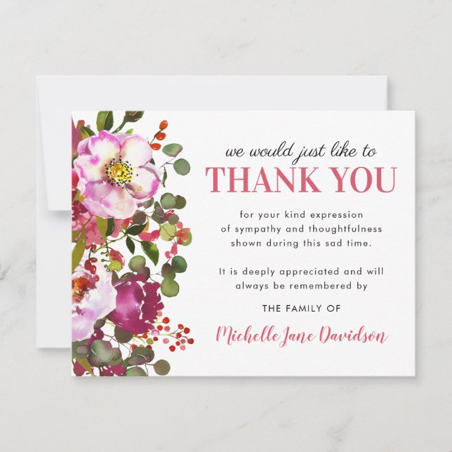 Elegant Pink Floral Funeral Thank You Card (Front)
