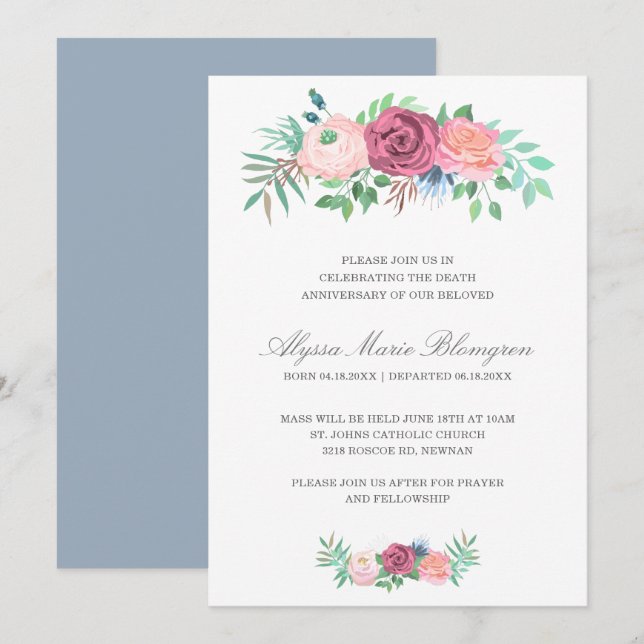 Elegant Pink Floral Garland Death Anniversary Invitation (Front/Back)