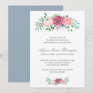 Elegant Pink Floral Garland Death Anniversary Invitation