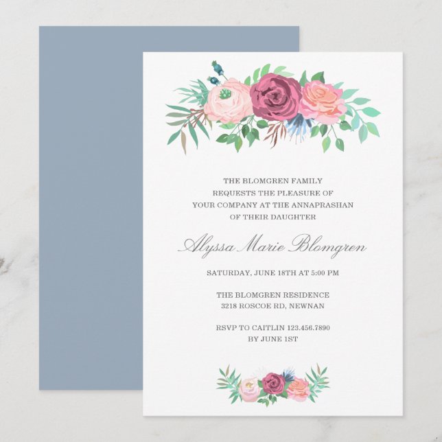 Elegant Pink Floral Garland Girl Annaprashan Invitation (Front/Back)
