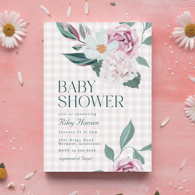 Elegant Pink Floral Gingham Girl Baby Shower Invitation (Creator Uploaded)