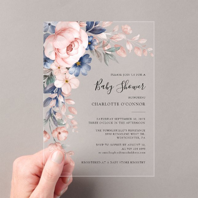 Elegant Pink Floral Girl Baby Shower Acrylic Invitations (Insitu (Handheld))
