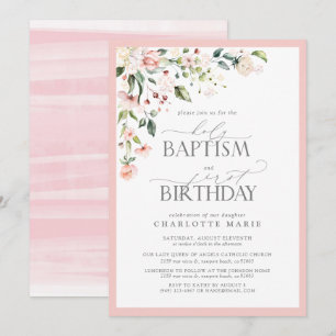 Elegant Pink Floral Girl Baptism & 1st Birthday Invitation